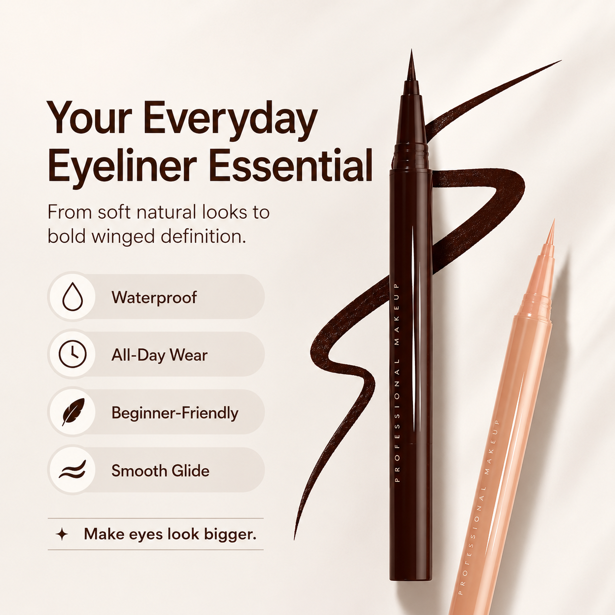 ✨ Winged Lift Liner – Creates sharp lifted wings for bigger-looking eyes 👁️ Long-lasting waterproof formula stays flawless all day.