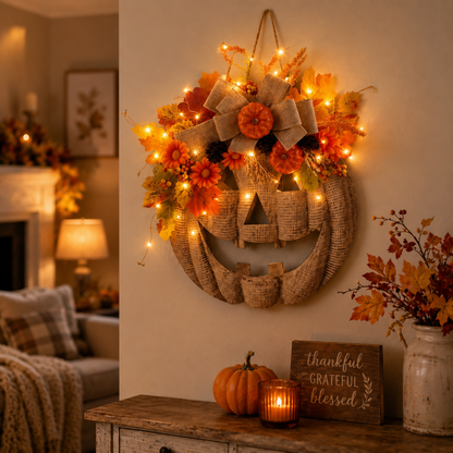 ✨🎃 Lighted Burlap Pumpkin Wreath