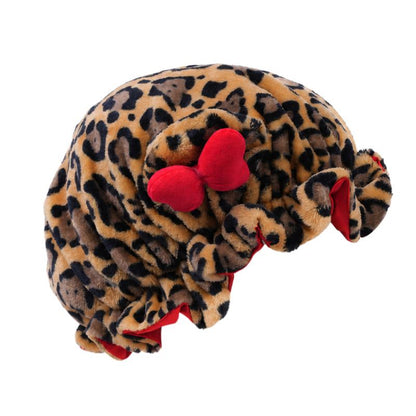 Leopard Print Plush Sleep Bonnet with Cute Bow – Soft & Cozy Hair Cap