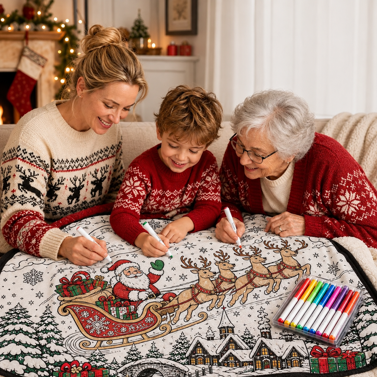 🎨 DIY Christmas Coloring Fleece Blanket with 24-Color Markers, Washable Art Blanket