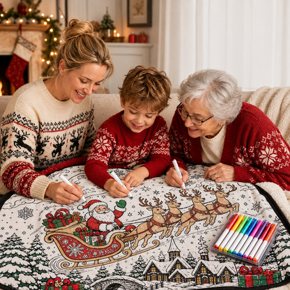🎨 DIY Christmas Coloring Fleece Blanket with 24-Color Markers, Washable Art Blanket