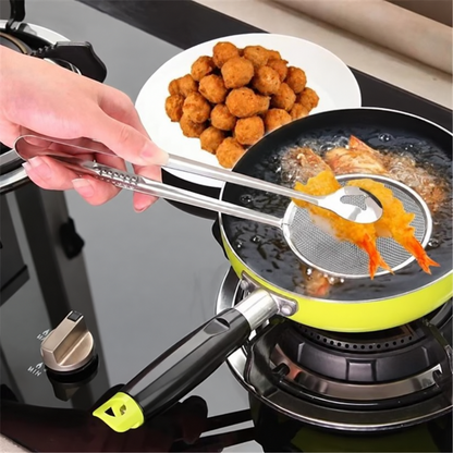 🍳 2-in-1 Strainer Tongs – Stainless Steel Kitchen Tool for Grab, Drain & Serve