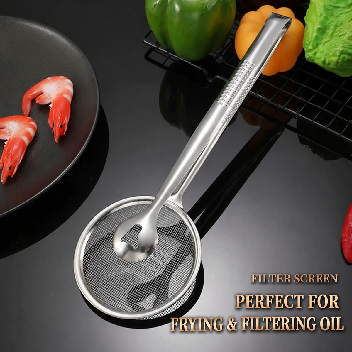 🍳 2-in-1 Strainer Tongs – Stainless Steel Kitchen Tool for Grab, Drain & Serve