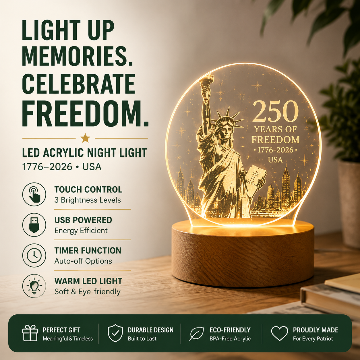 🗽 USA 250 Years of Freedom Commemorative Acrylic Light Decor