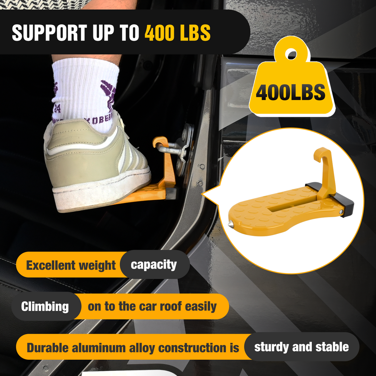 Running Board Car Door Step for Roof Access Universal Car Step Hook for Roof SUV Trucks Folding Aluminum Alloy Vehicle Door Latch Step Pedal With Glass Breaker Safety Hammer, Max Load 400lbs, 2 Pack Yellow