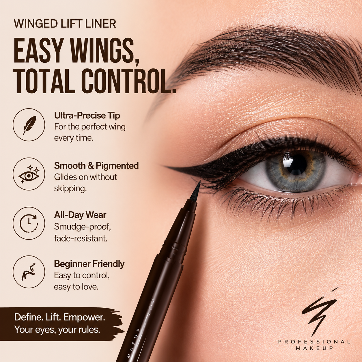 ✨ Winged Lift Liner – Creates sharp lifted wings for bigger-looking eyes 👁️ Long-lasting waterproof formula stays flawless all day.