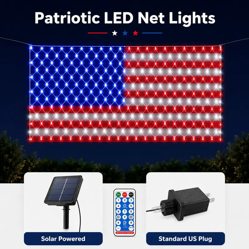 🔥Bright American flag LED mesh light, Waterproof solar-powered outdoor light. Suitable for indoor/outdoor use.