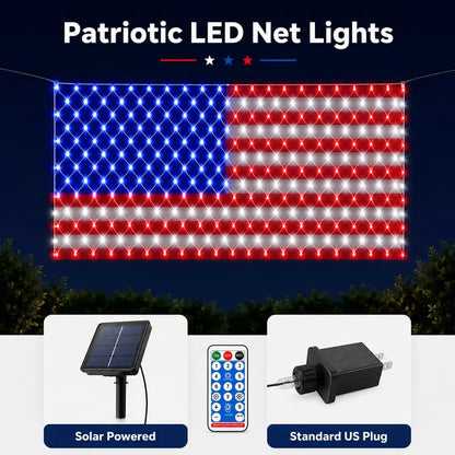 🔥Bright American flag LED mesh light, Waterproof solar-powered outdoor light. Suitable for indoor/outdoor use.