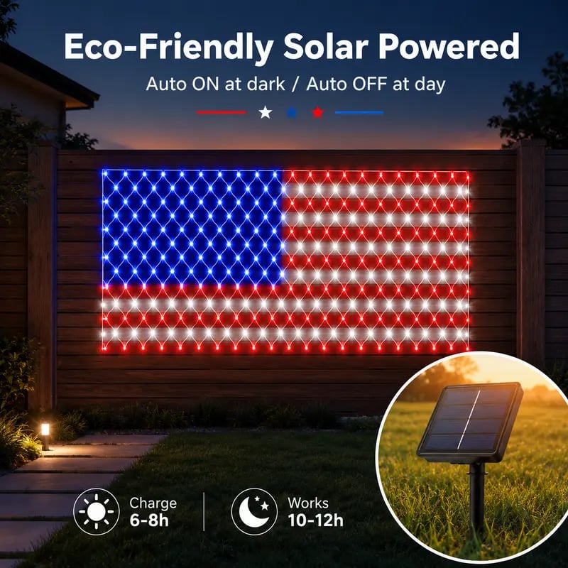 🔥Bright American flag LED mesh light, Waterproof solar-powered outdoor light. Suitable for indoor/outdoor use.