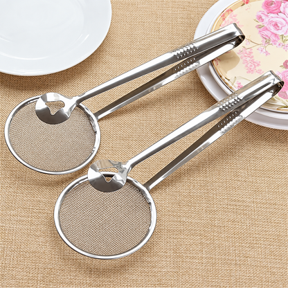 🍳 2-in-1 Strainer Tongs – Stainless Steel Kitchen Tool for Grab, Drain & Serve