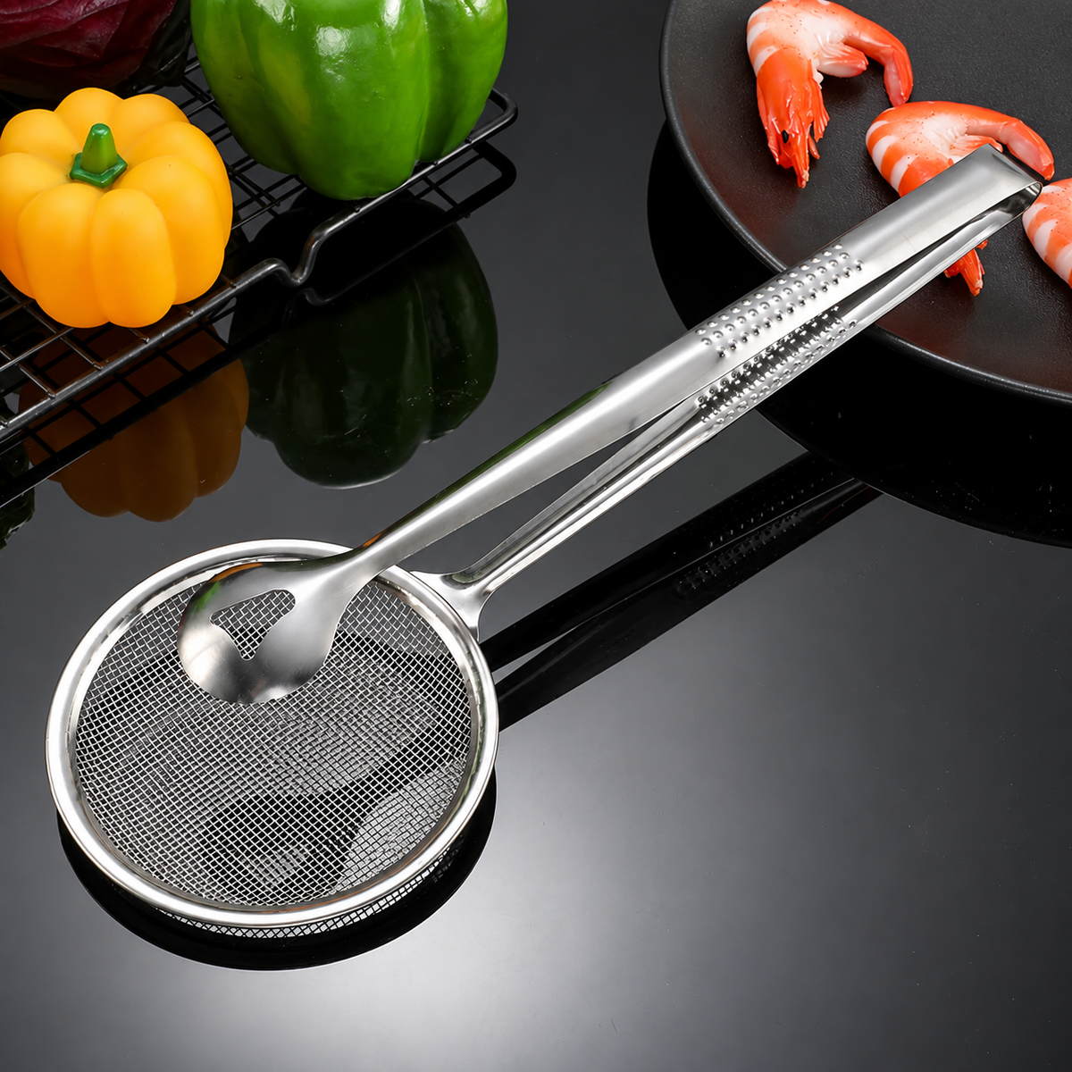 🍳 2-in-1 Strainer Tongs – Stainless Steel Kitchen Tool for Grab, Drain & Serve
