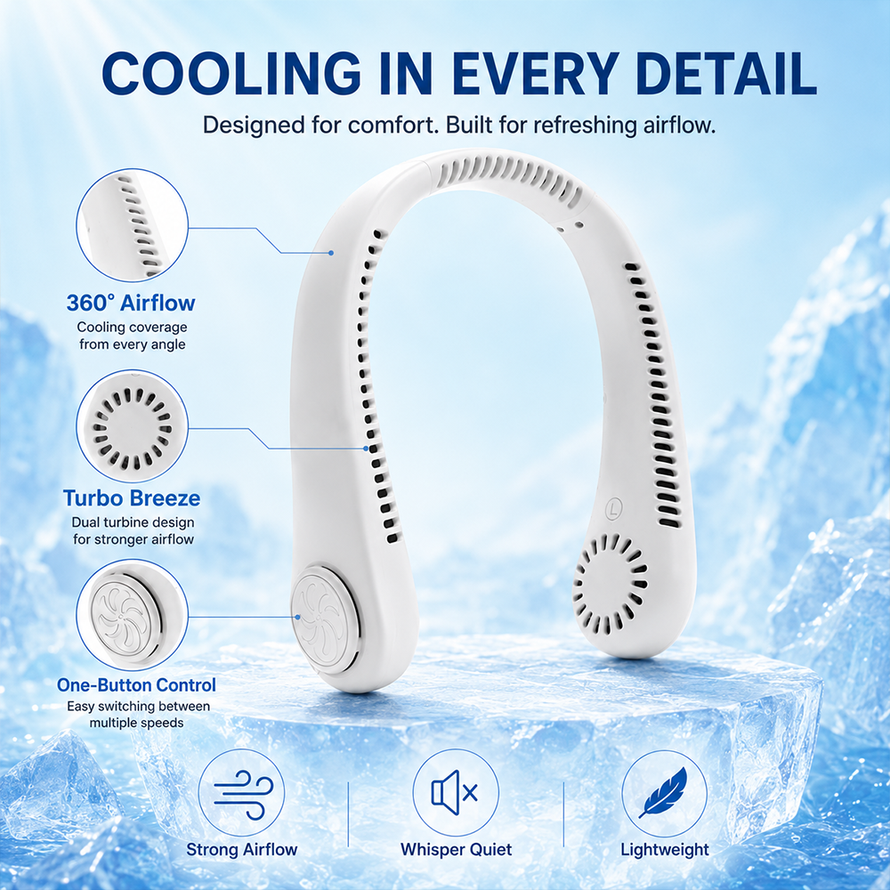 ⚡ FreshHalo Turbo Breeze Neck Fan|Instant cooling, hands-free life 🔋