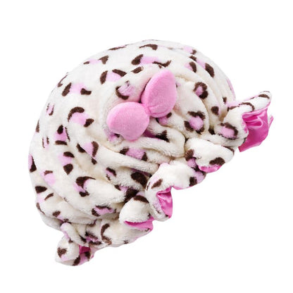 Leopard Print Plush Sleep Bonnet with Cute Bow – Soft & Cozy Hair Cap