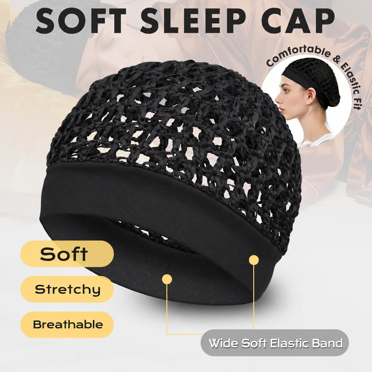 Axorvin 3-Piece Stretchy Wide-Edge Sleep Bonnet Set – Soft Hair Protection Caps for Nighttime Hair Care