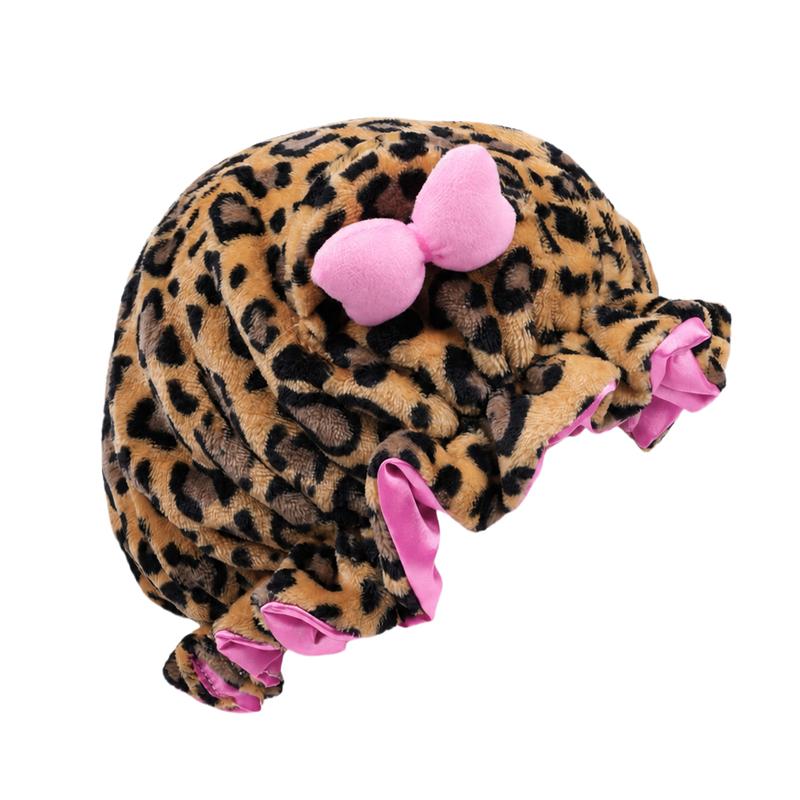 Leopard Print Plush Sleep Bonnet with Cute Bow – Soft & Cozy Hair Cap