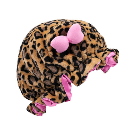Leopard Print Plush Sleep Bonnet with Cute Bow – Soft & Cozy Hair Cap