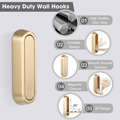 Dntorx Folding Wall Hooks 3-Pack – Heavy Duty Gold Hooks for Towels, Coats & Keys