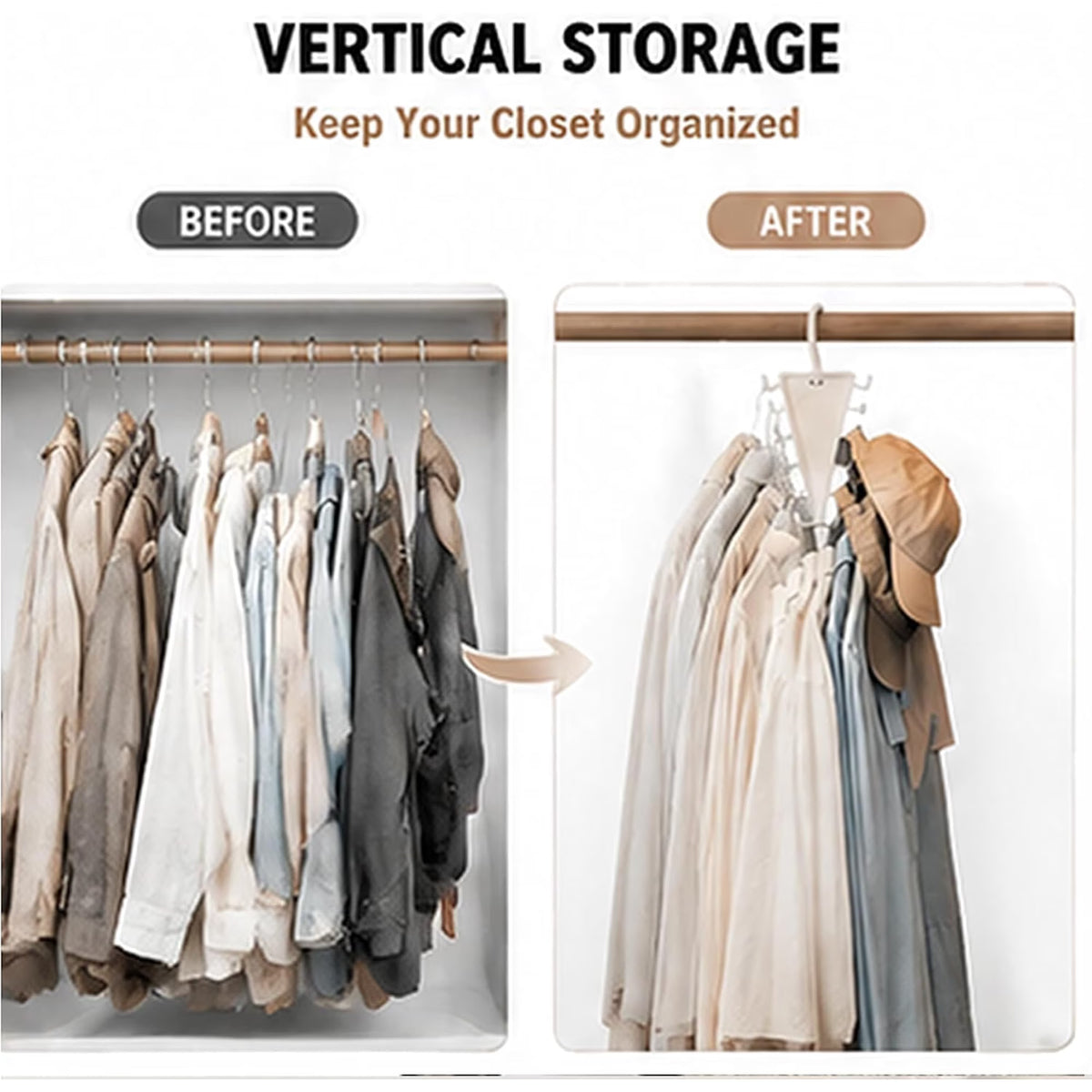 Closet storage before and after vertical grouping