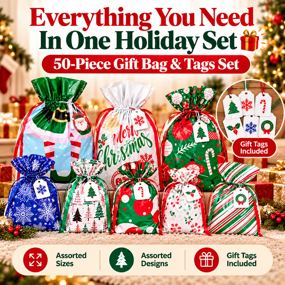 🎄50-Piece Christmas Gift Bag & Tags Set