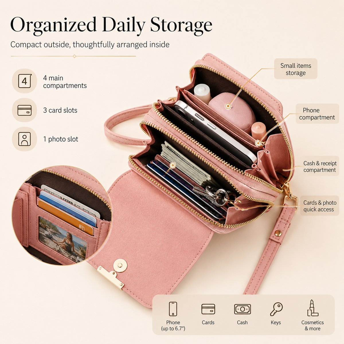 TopSpire® Simple and elegant women's touchscreen crossbody phone wallet
