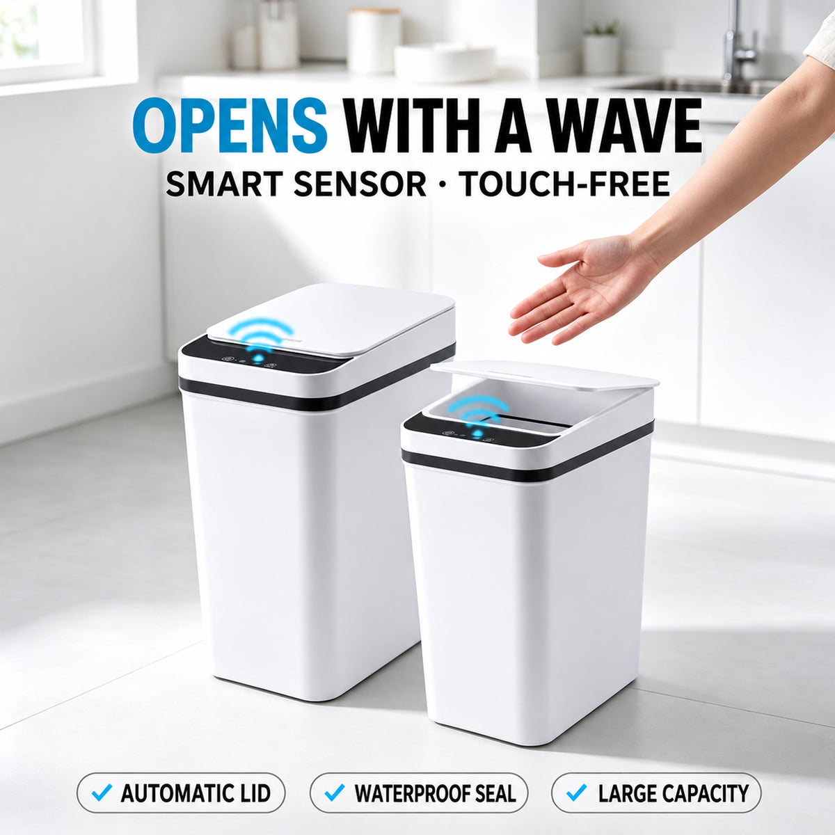 2-Pack 3-Gallon Touchless Smart Trash Cans – Motion Sensor Automatic Lids