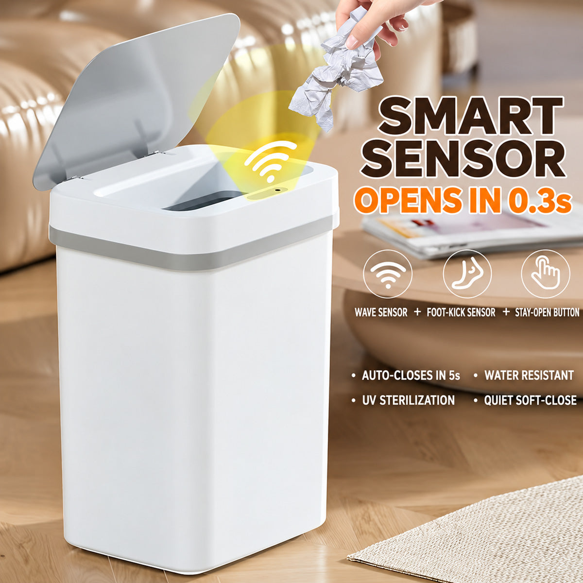 2-Pack 3-Gallon Touchless Smart Trash Cans – Motion Sensor Automatic Lids