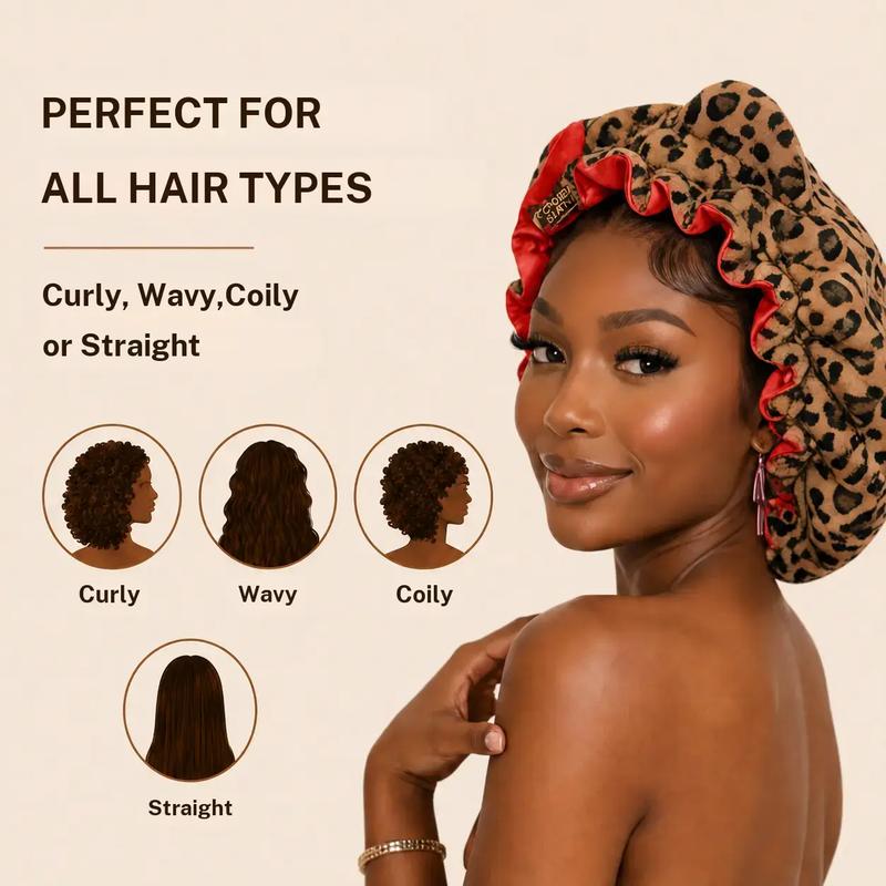 Leopard Print Plush Sleep Bonnet with Cute Bow – Soft & Cozy Hair Cap