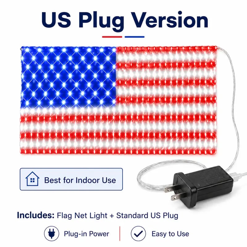 🔥Bright American flag LED mesh light, Waterproof solar-powered outdoor light. Suitable for indoor/outdoor use.