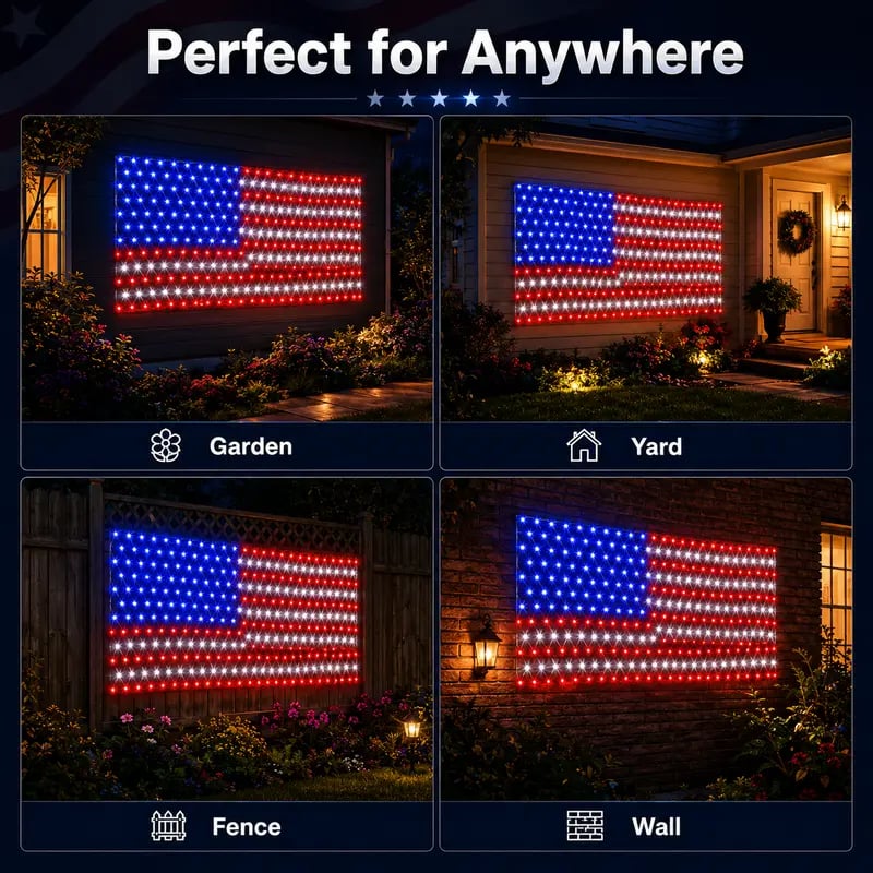 🔥Bright American flag LED mesh light, Waterproof solar-powered outdoor light. Suitable for indoor/outdoor use.