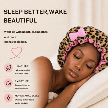 Leopard Print Plush Sleep Bonnet with Cute Bow – Soft & Cozy Hair Cap