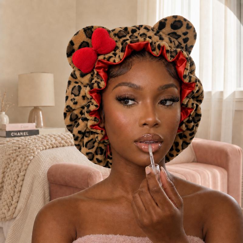 Leopard Print Plush Sleep Bonnet with Cute Bow – Soft & Cozy Hair Cap