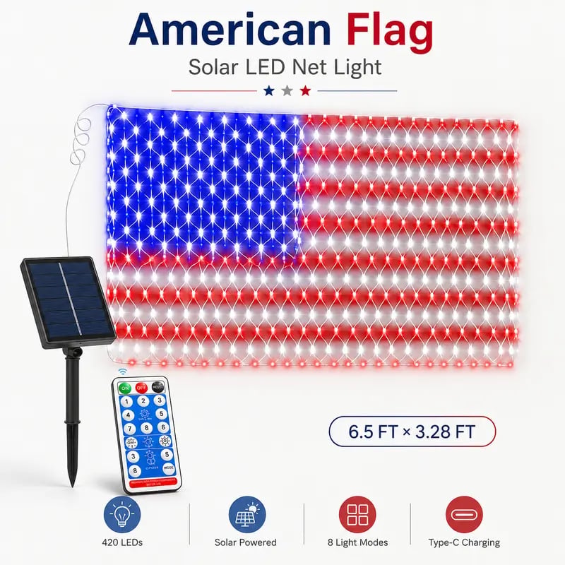 🔥Bright American flag LED mesh light, Waterproof solar-powered outdoor light. Suitable for indoor/outdoor use.